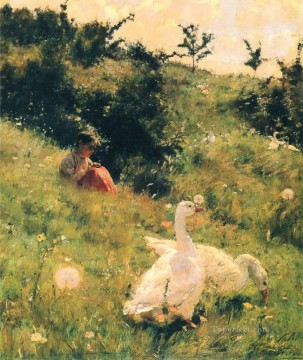  geese oil painting - Kiriak Kostandi Girl with Geese pet kids